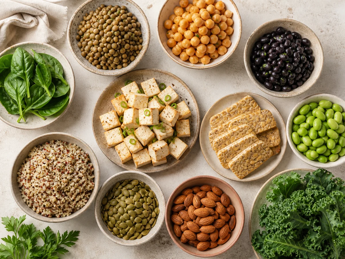Bowls of lentils, chickpeas, black beans, tofu, tempeh, edamame, quinoa, pumpkin seeds, almonds and greens.