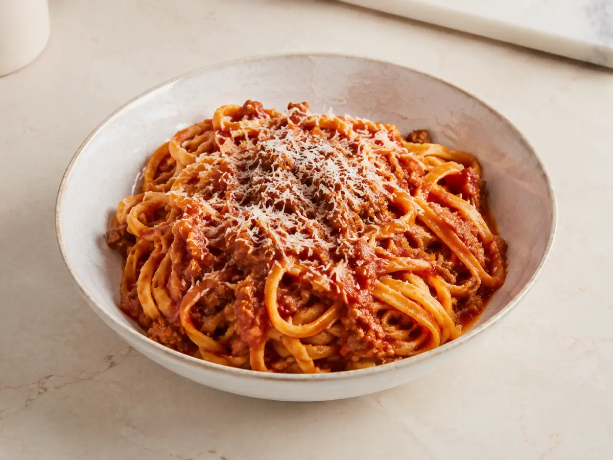 Bowl of linguine coated in beef and tomato bolognese, finished with finely grated hard cheese.