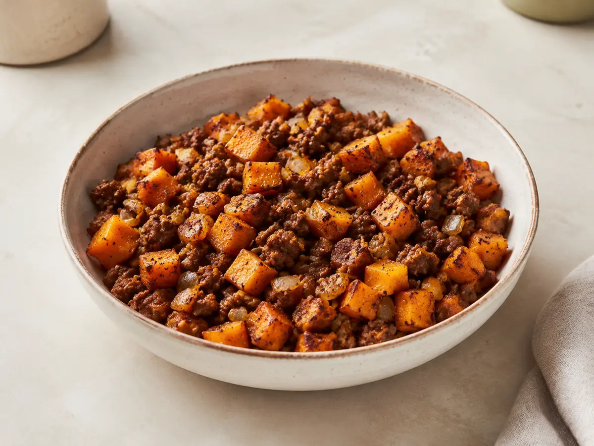 Skillet hash of browned beef mince with cubes of roasted sweet potato and onion in a shallow bowl.