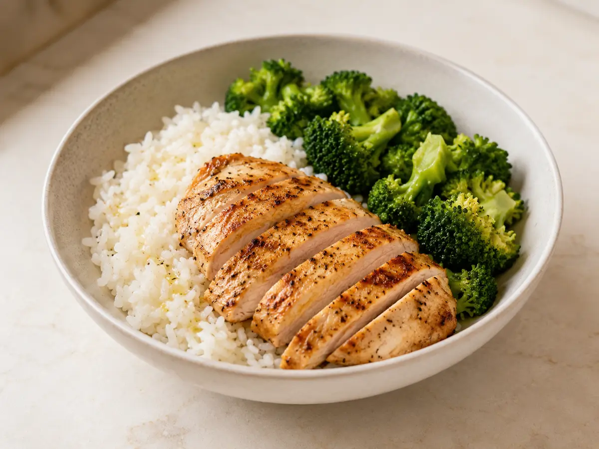 Bowl of sliced seared chicken breast with white rice and steamed broccoli florets.