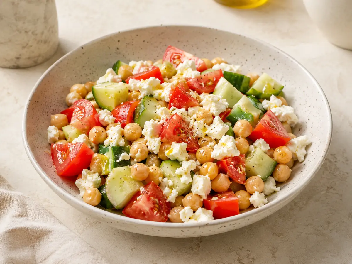 Chickpea salad with cucumber, tomato wedges and crumbled feta in a wide speckled bowl.