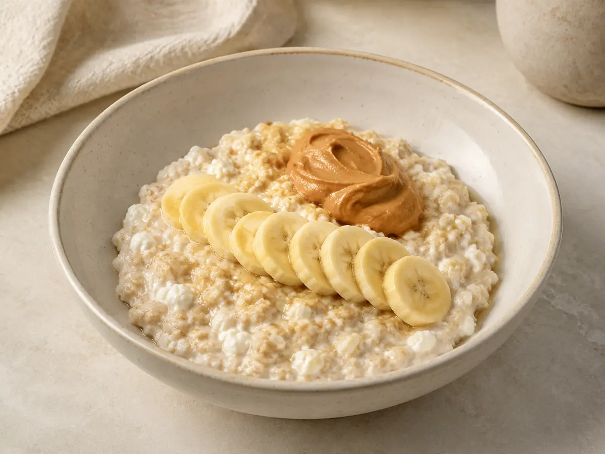 Creamy porridge stirred with cottage cheese, topped with sliced banana and a spoon of peanut butter.