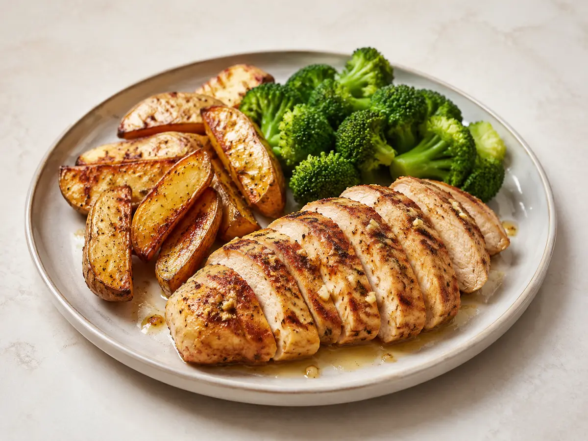 Sliced garlic chicken breast with roasted potato wedges and steamed broccoli on a stoneware plate.