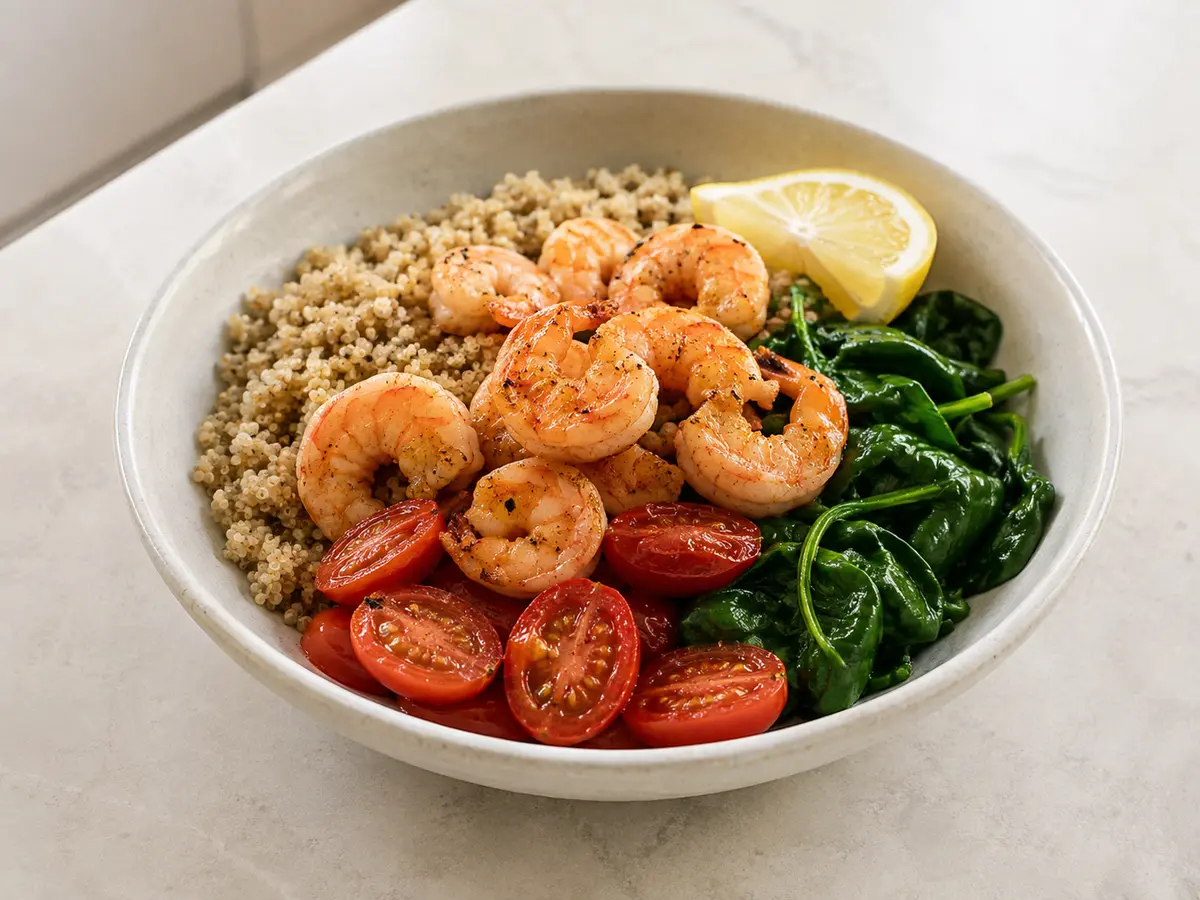 Quinoa bowl with seared prawns, wilted spinach, halved cherry tomatoes and a lemon wedge.