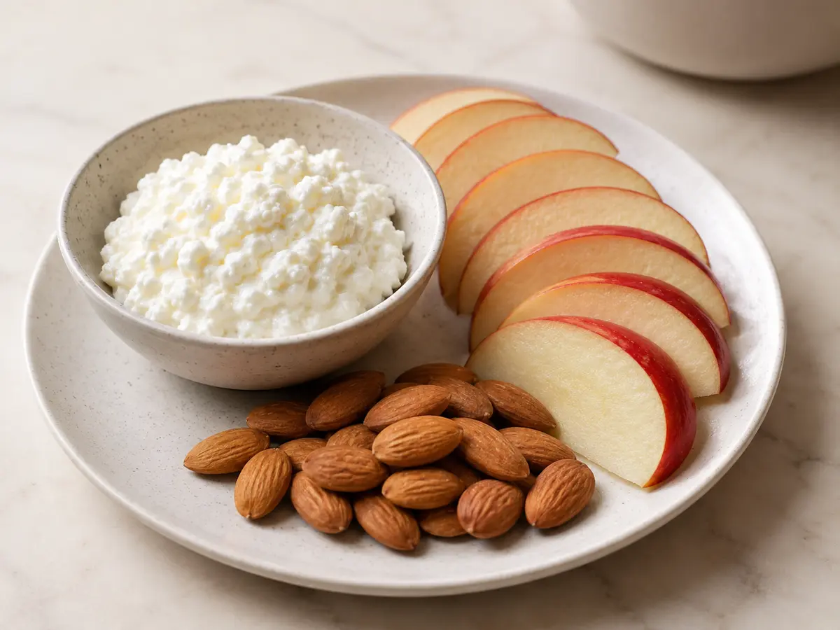 Snack plate with a bowl of cottage cheese, sliced apple and a pile of whole almonds.