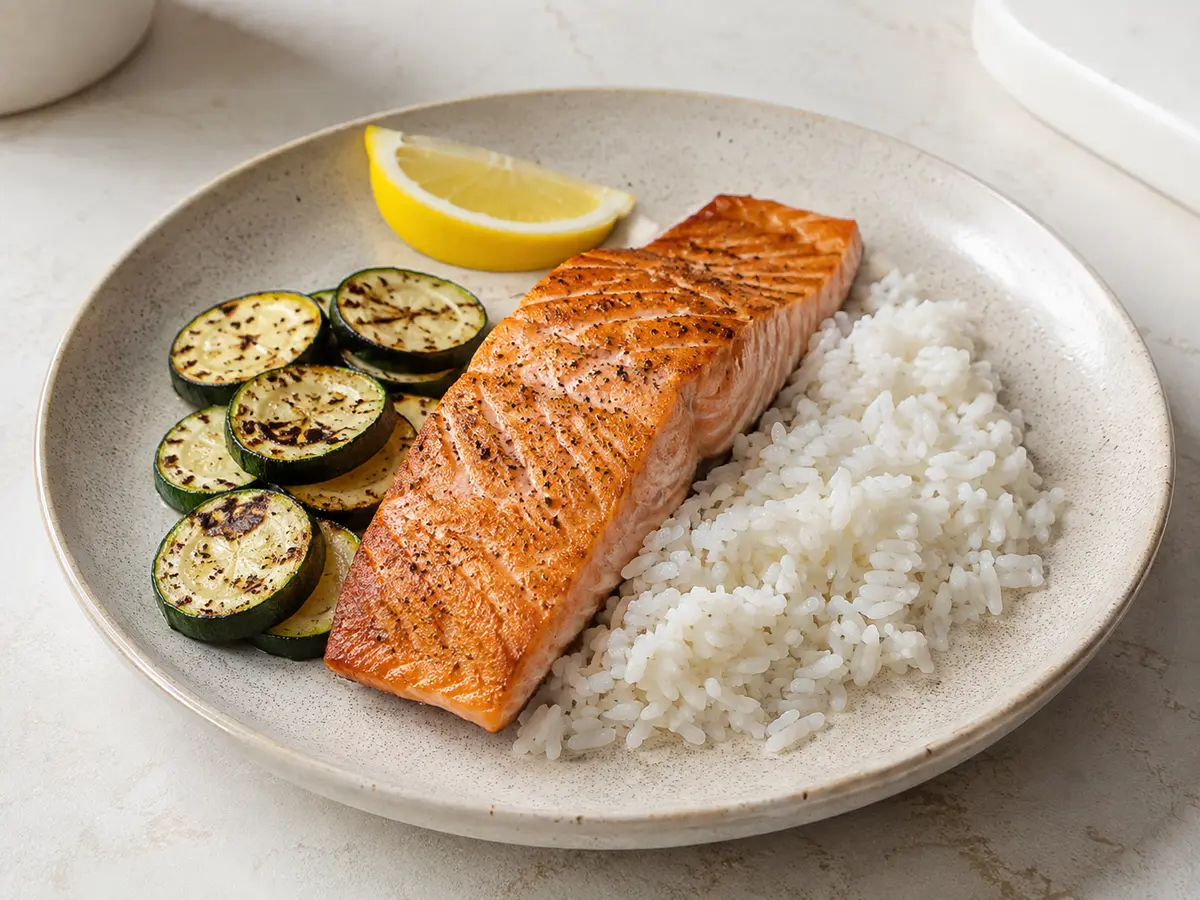 Crisp-skinned salmon fillet with steamed white rice, charred courgette slices and a lemon wedge.