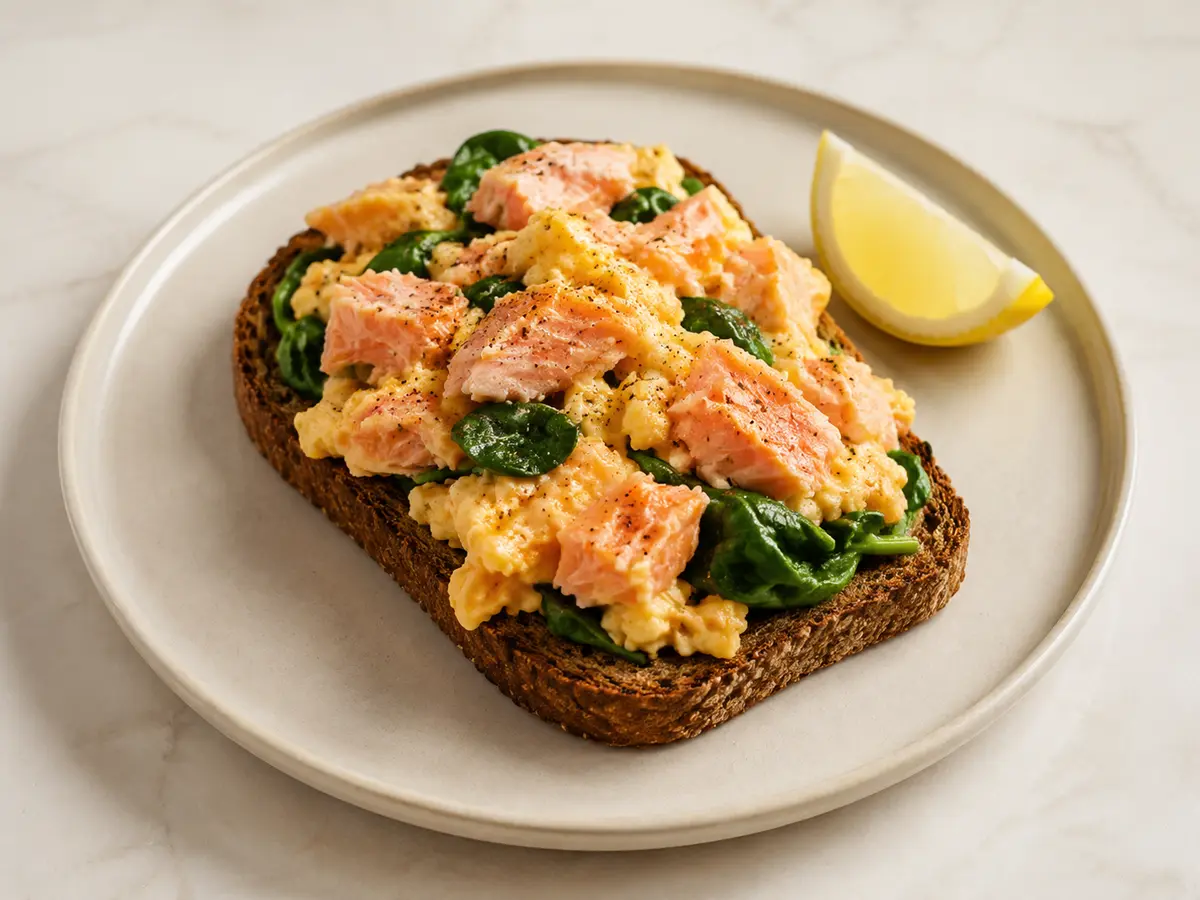 Scrambled eggs with flakes of salmon and spinach served on dark toasted rye with a lemon wedge.