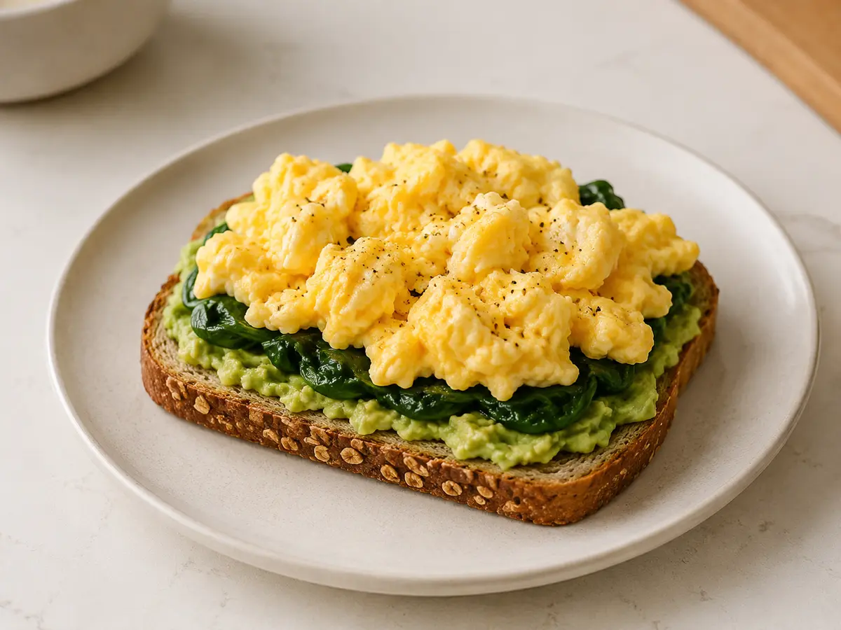 Soft scrambled eggs and wilted spinach piled on smashed avocado over a slice of wholegrain toast.