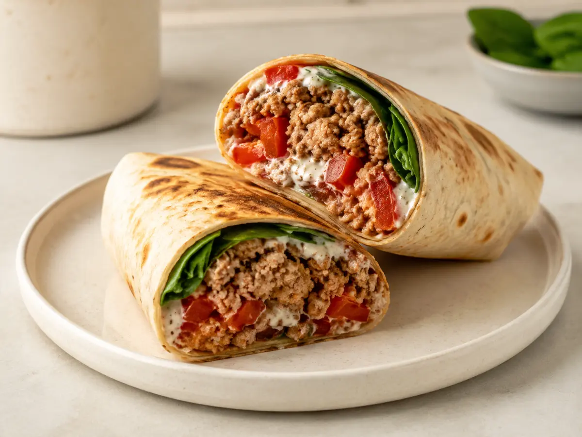 Two halved tortilla wraps filled with seasoned turkey mince, peppers, spinach and yoghurt dressing.
