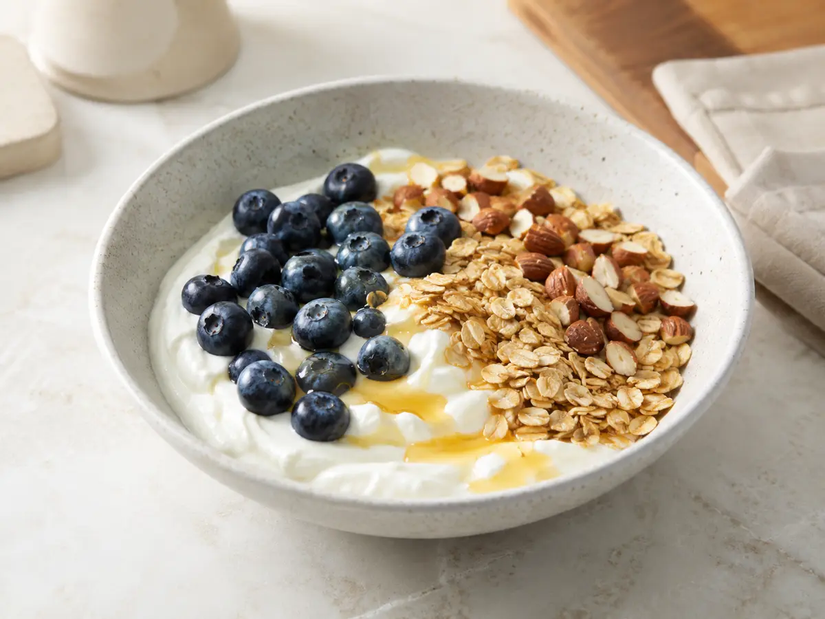 Speckled bowl of thick Greek yoghurt topped with blueberries, oat granola, chopped almonds and a drizzle of honey.